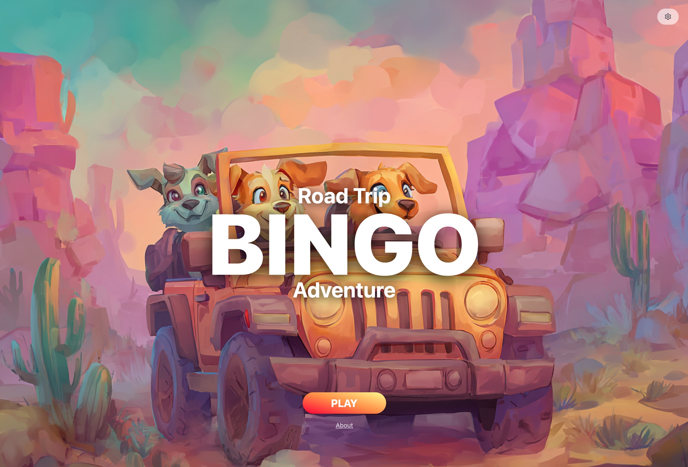 Road Trip Bingo Adventure title screen with cartoon dogs in a desert landscape