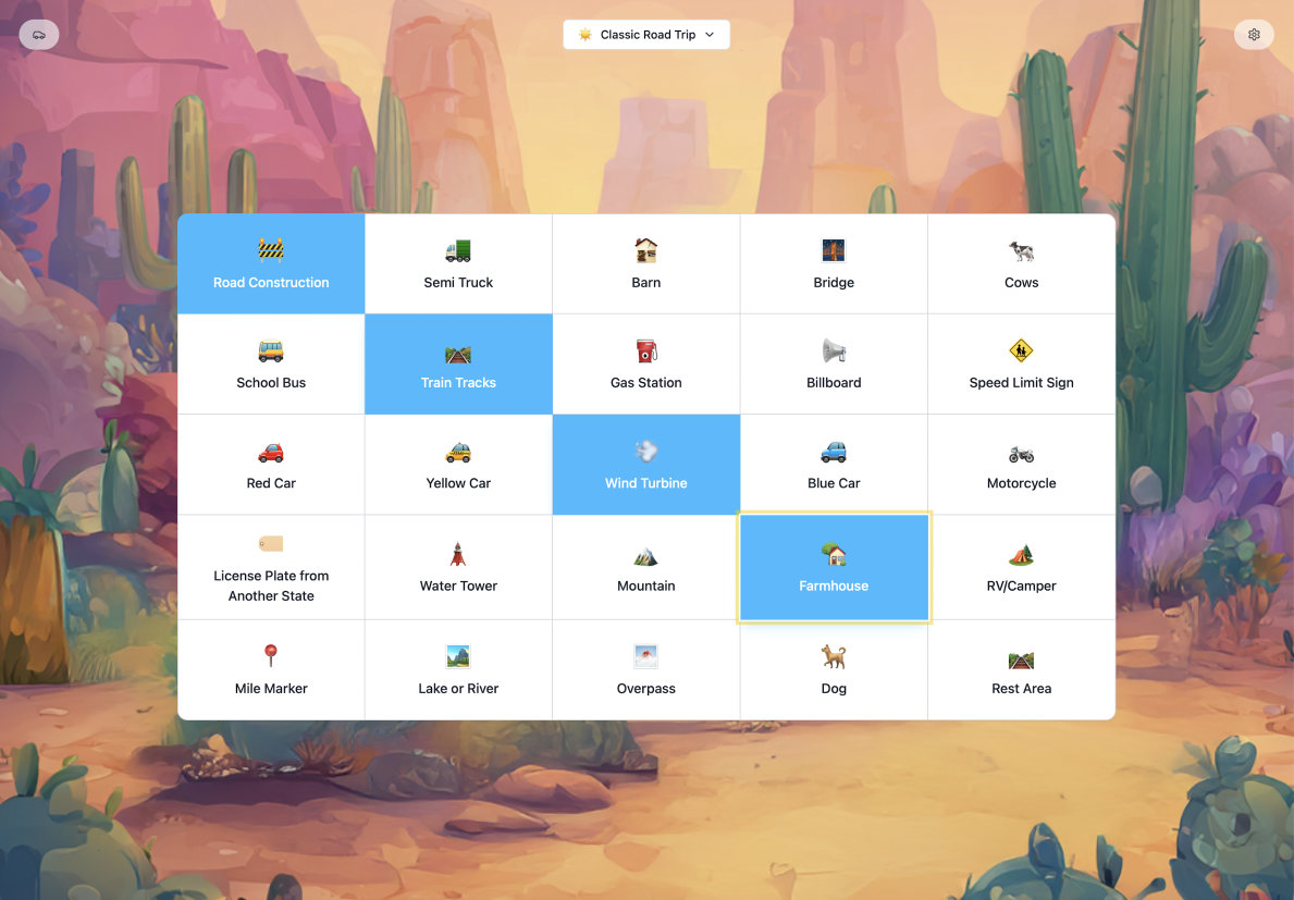 Classic daytime road trip bingo board with 25 items to spot