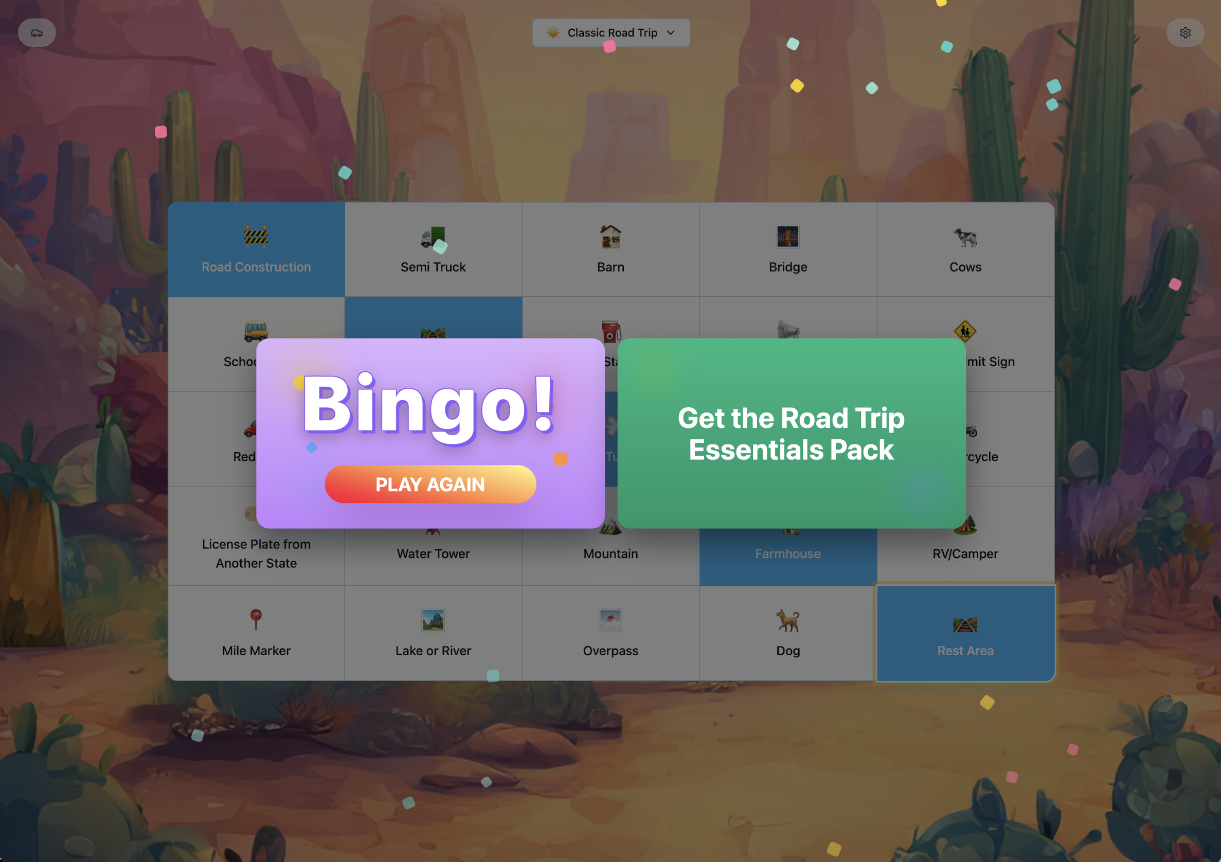 Bingo victory celebration screen with play again option
