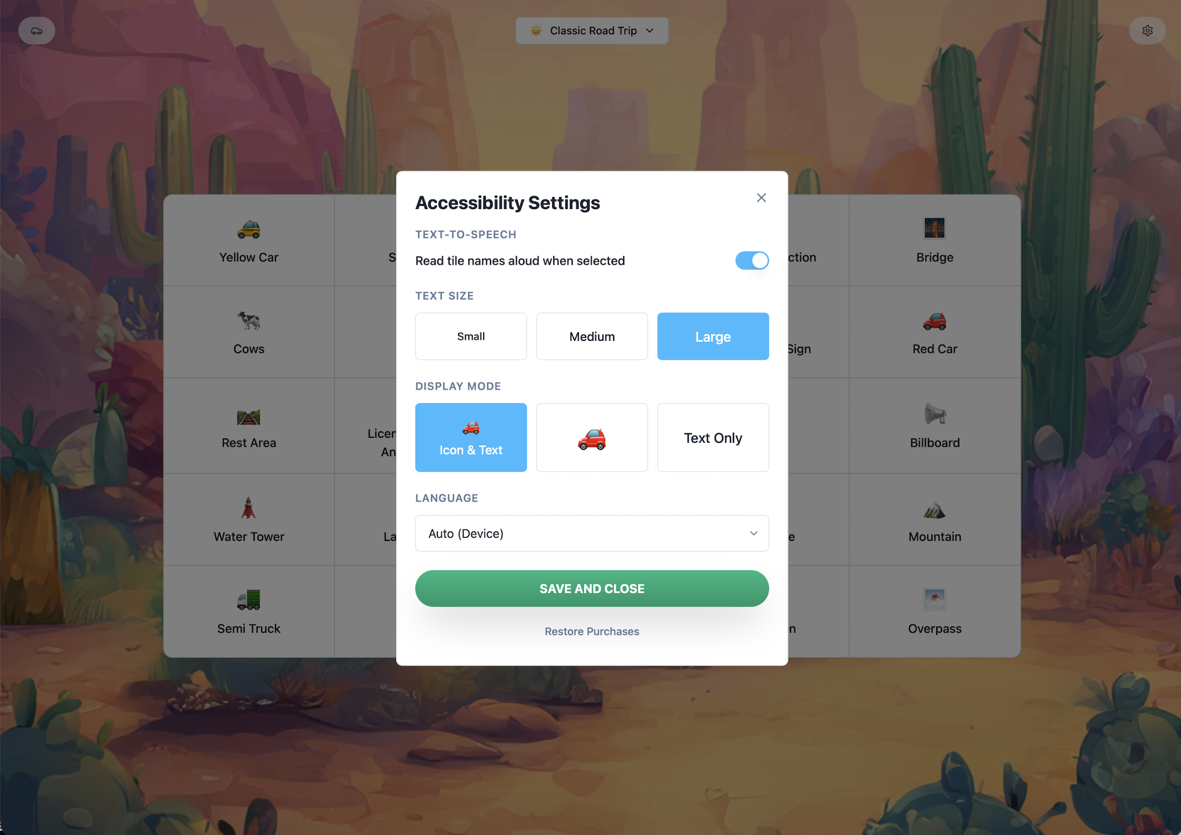 Accessibility settings showing text-to-speech, text size, and display mode options