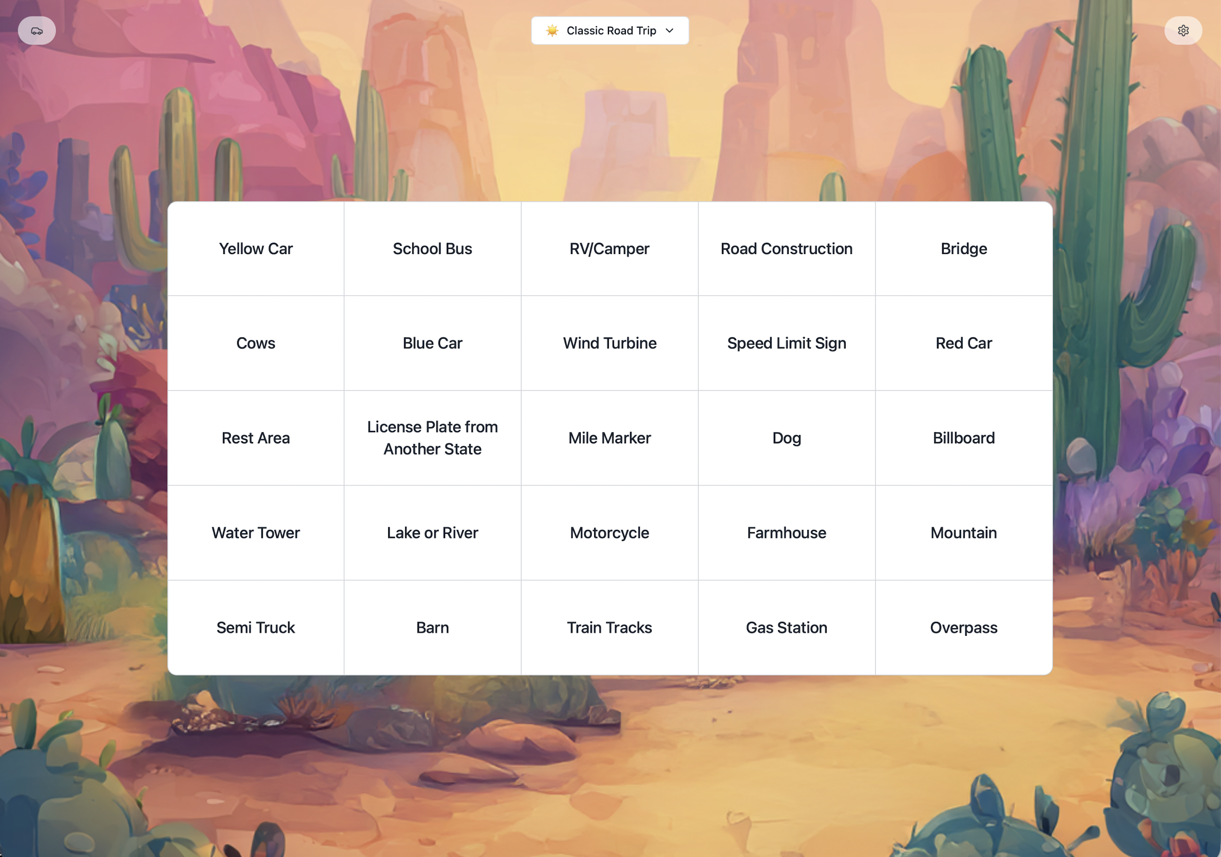 Bingo board in text-only mode for easy reading