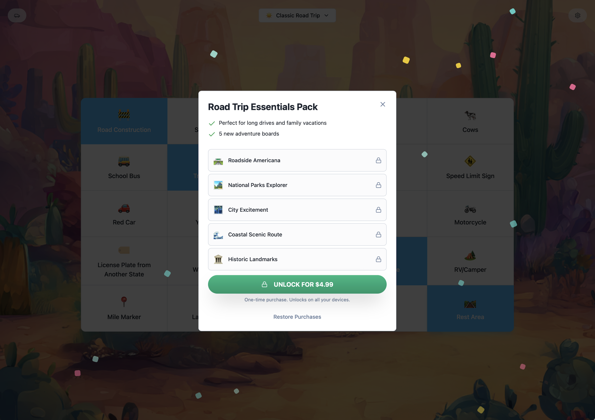 In-app purchase screen showing Road Trip Essentials Pack with 5 new adventure boards