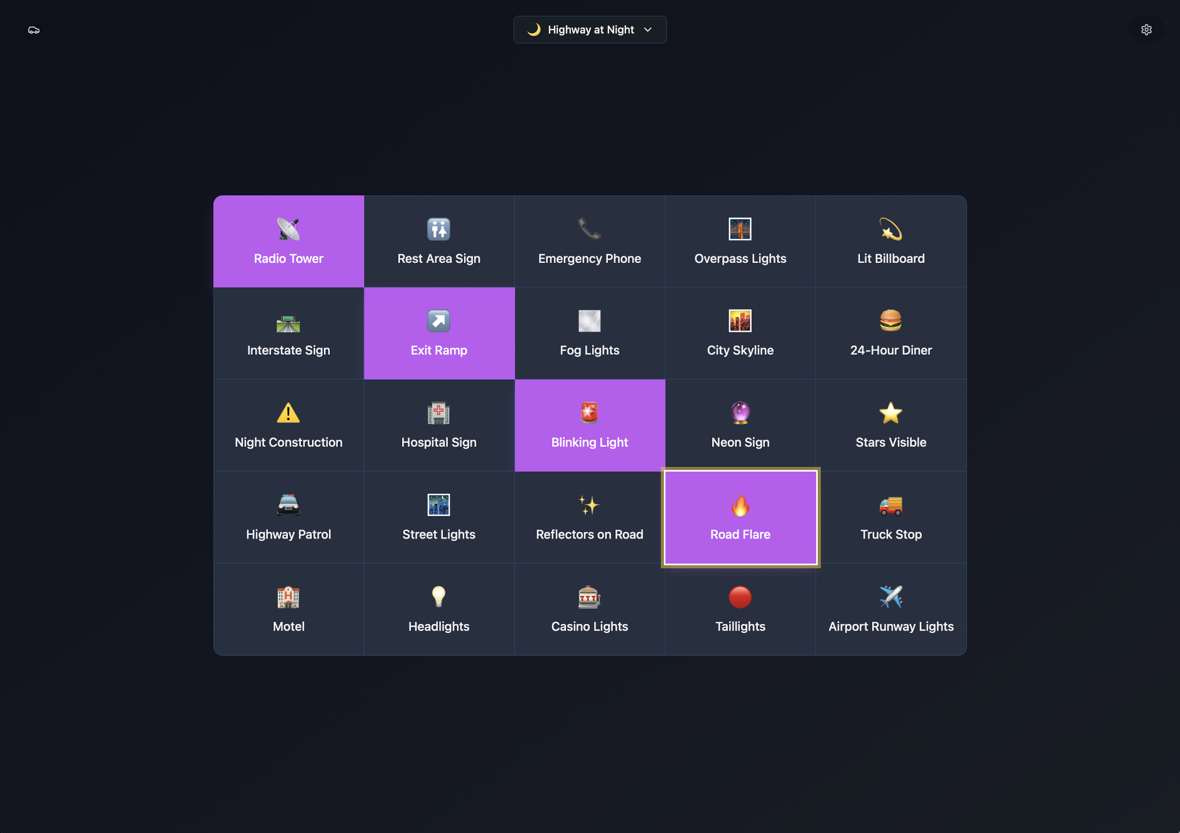 Highway at night board with nighttime-specific items like neon signs and headlights
